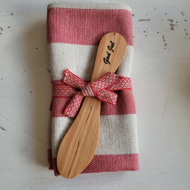 Viskestykke med rde striber og smrkniv i tr med ptryk God Jul